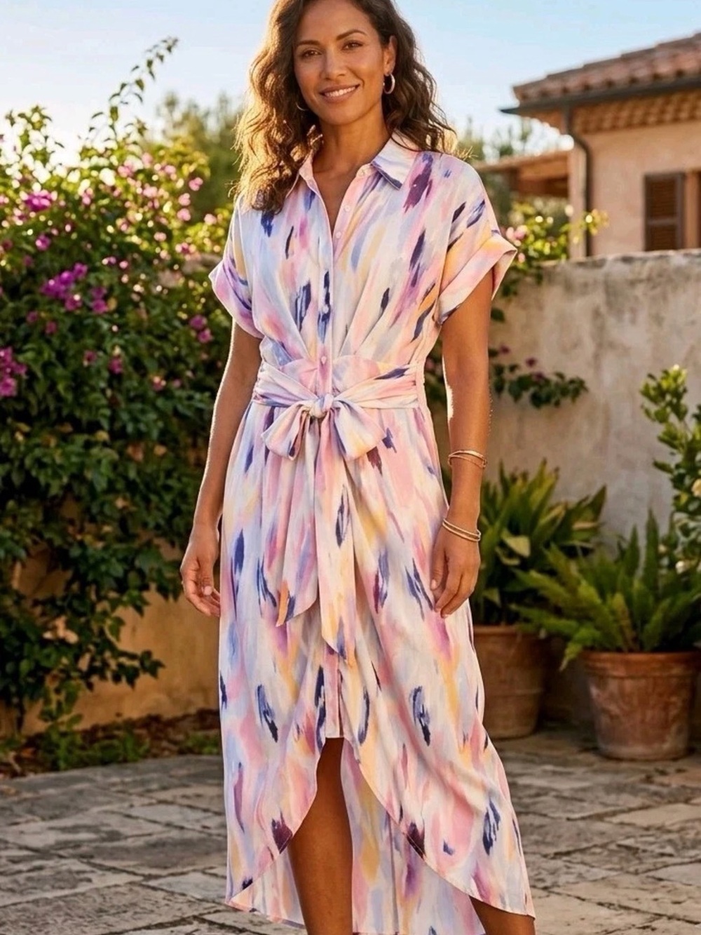 NWT Steve Madden Women’s Size 12 Abstract Watercolor Tie Waist Midi Shirt Dress